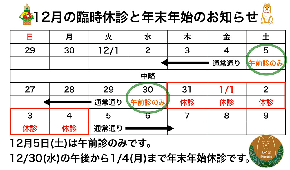 12月臨時休診と年末年始のお知らせ